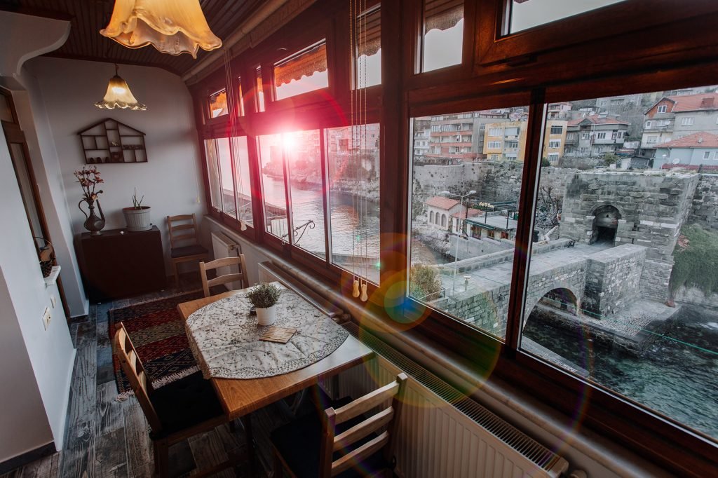 The glazed veranda of Ruhi Palace looking over the Black Sea in Amasra