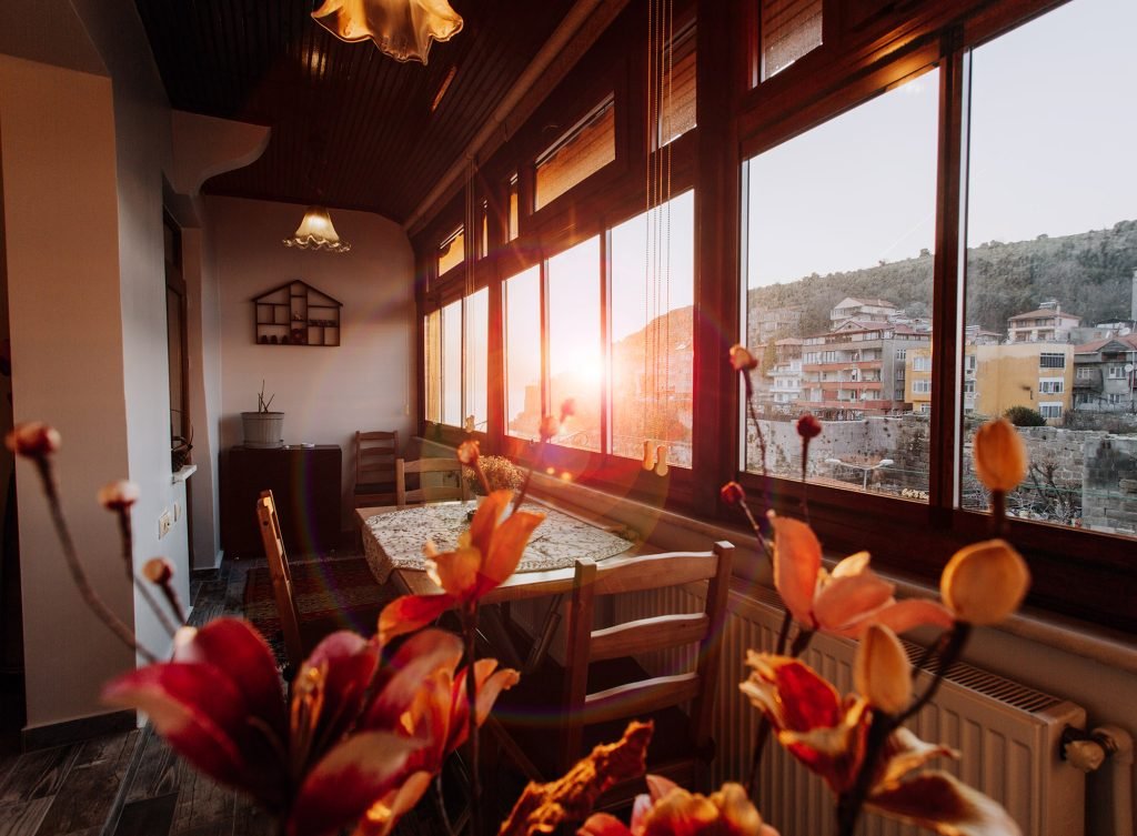 Golden hour in the glazed dining room