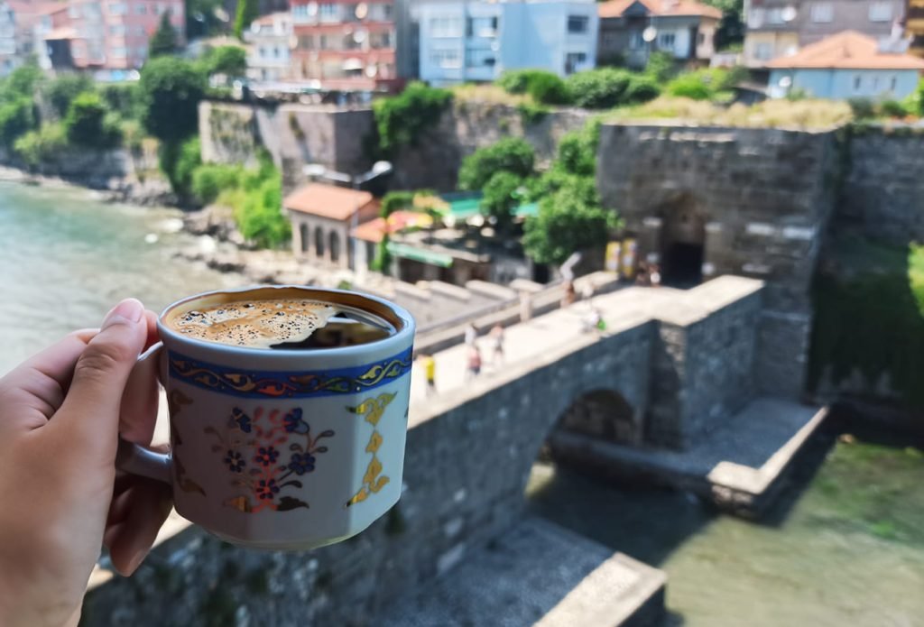 Turkish coffee on the veranda, the Roman bridge below